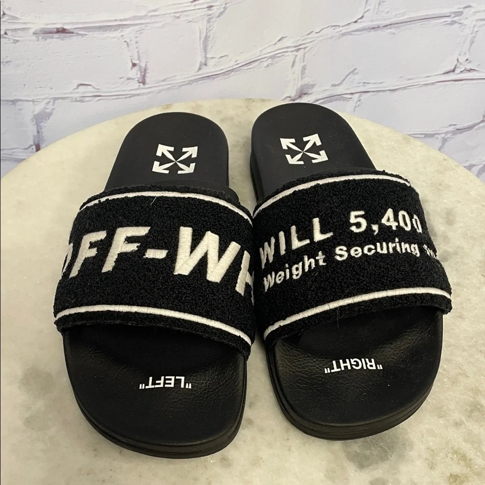 Off-White Black & White Terry textured Logo Slide Sandals